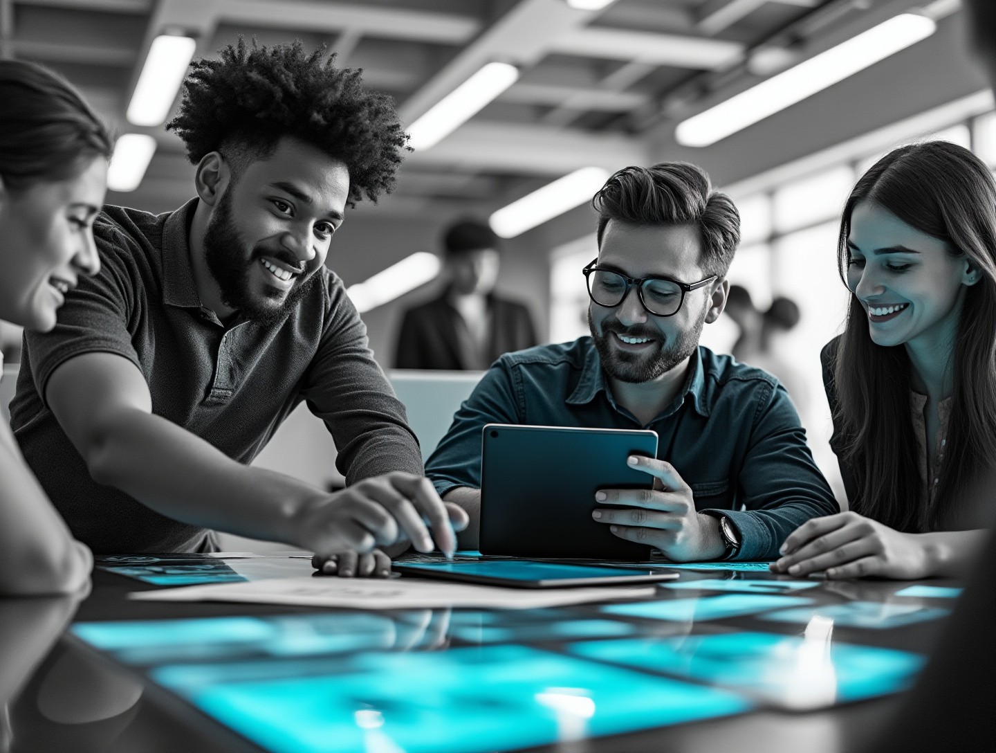 Collaborating enthusiastically over tablets and charts in a bright meeting area, symbolizing innovation and growth.