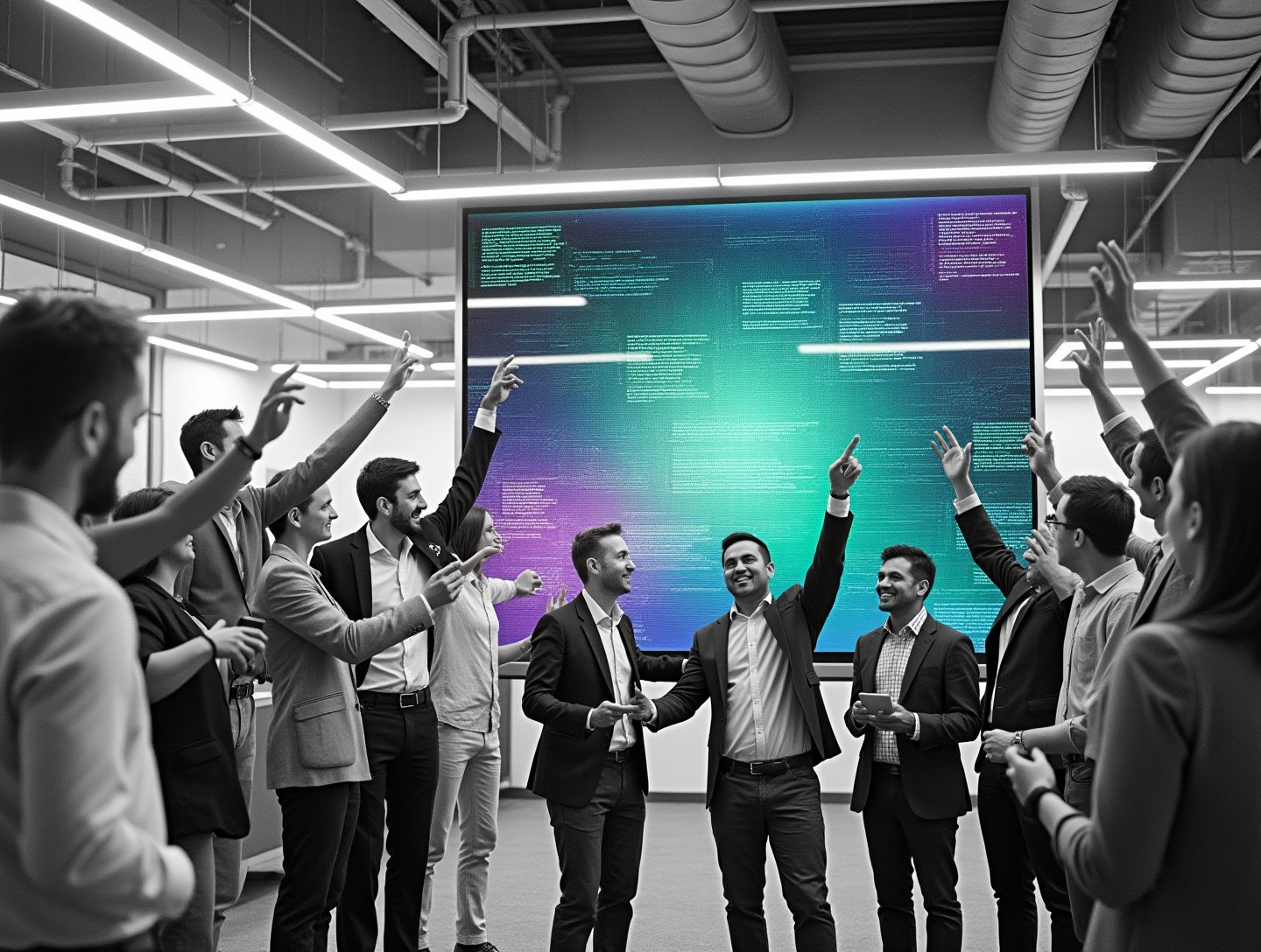 Office celebration scene with diverse team members and congratulatory decorations