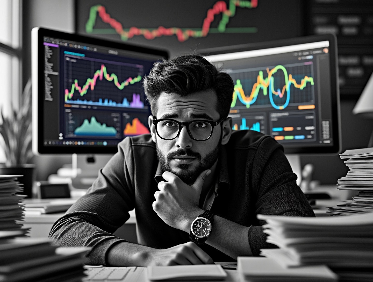 Surrounded by stacks of paper and a computer screen filled with complex data graphs