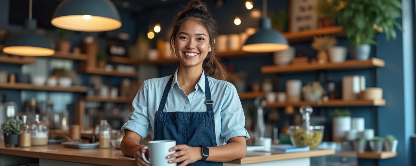 Boutique store interior with an owner smiling and serving customers