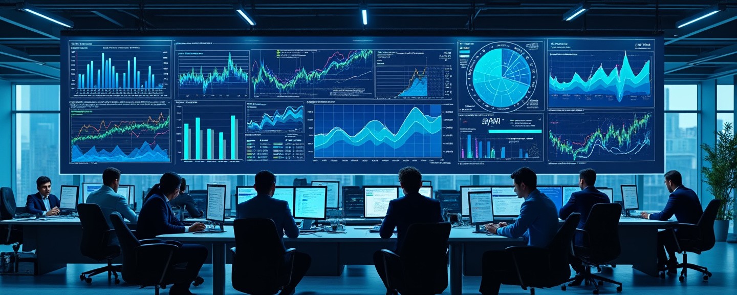 Office with professionals analyzing data on large screens
