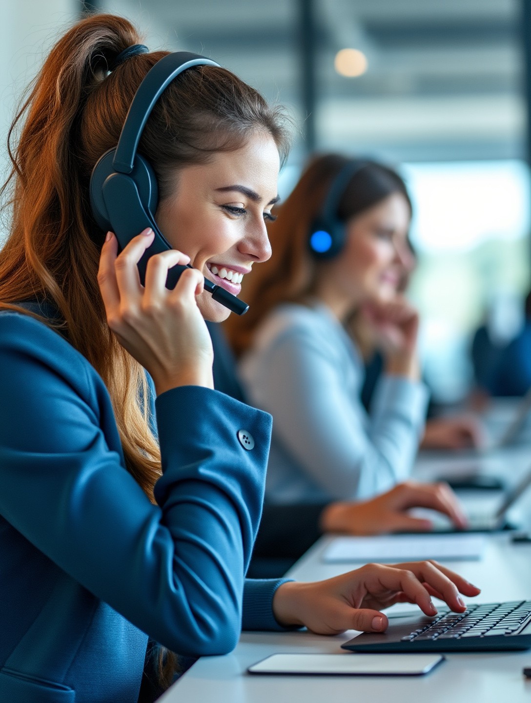 Friendly representative assisting a customer via headset in a modern call center