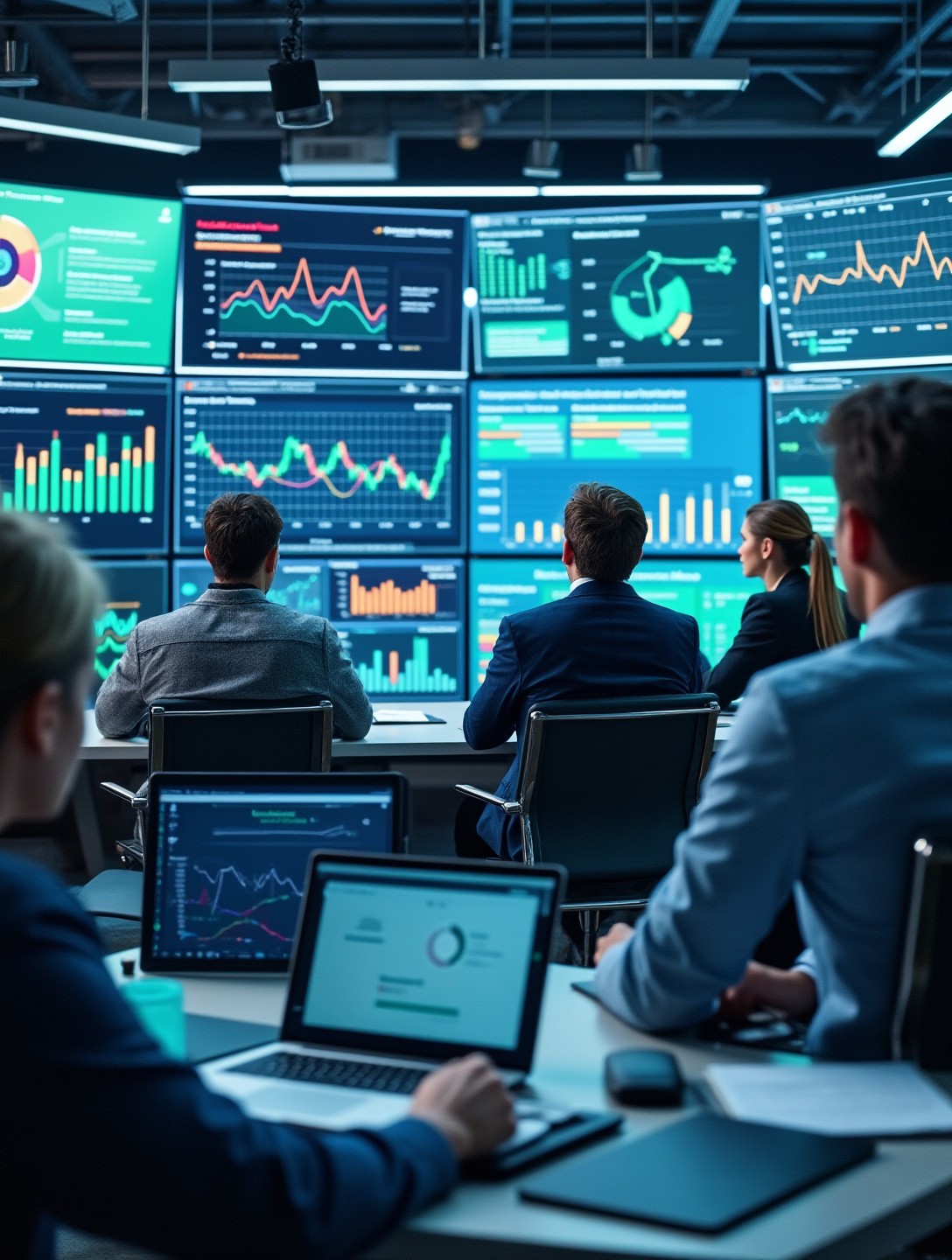 Office environment with a team viewing data presentations on multiple screens, engaged and attentive