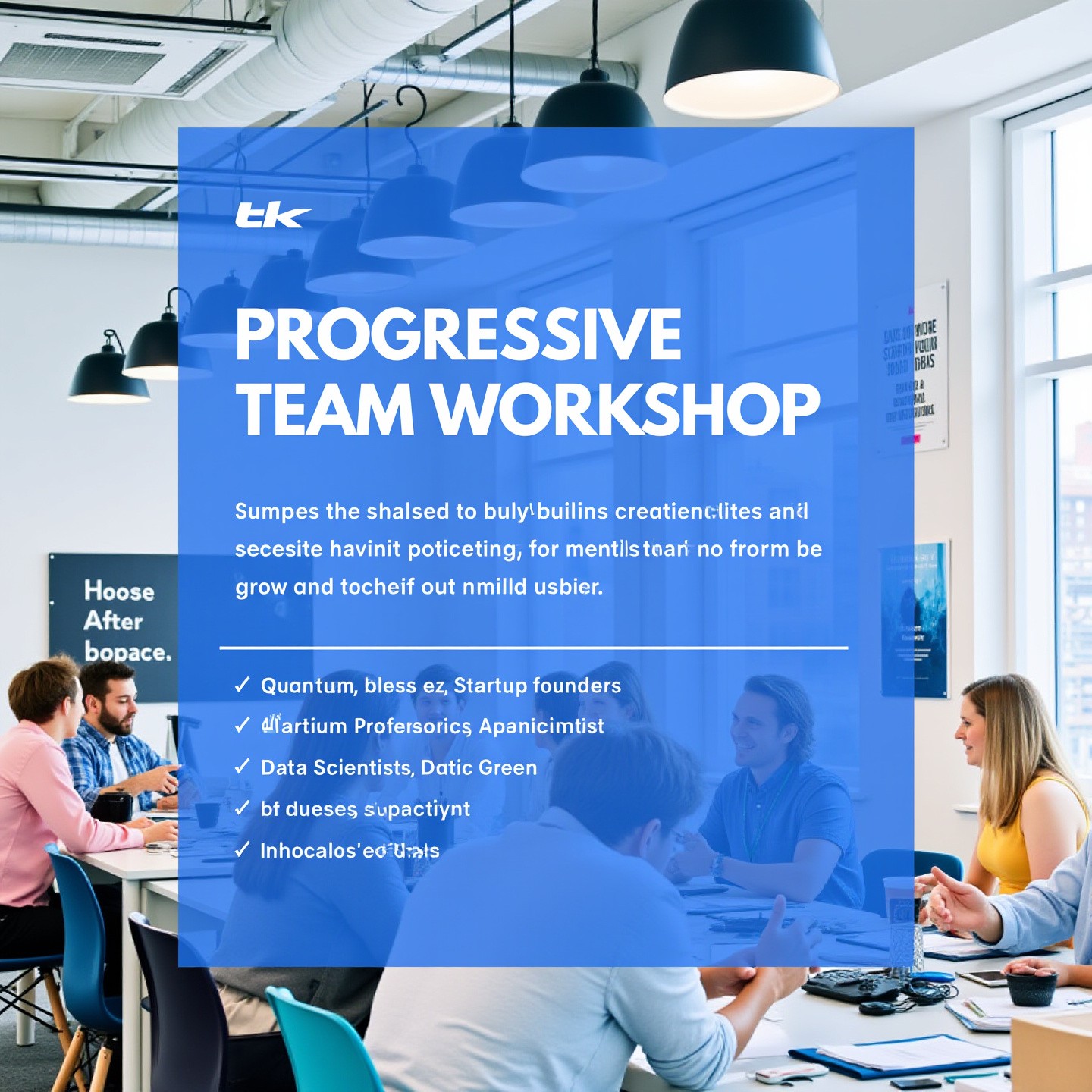 Dynamic team members interacting in an open workspace with creative tools, inspiring posters on walls