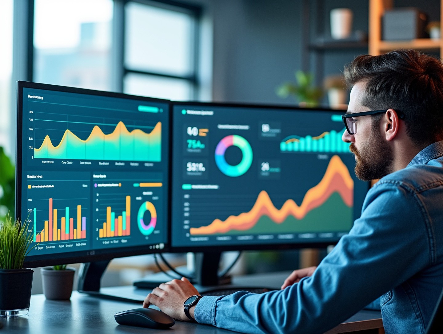 Small business owner exploring complex graphs and insights on multiple monitors in a modern office setting