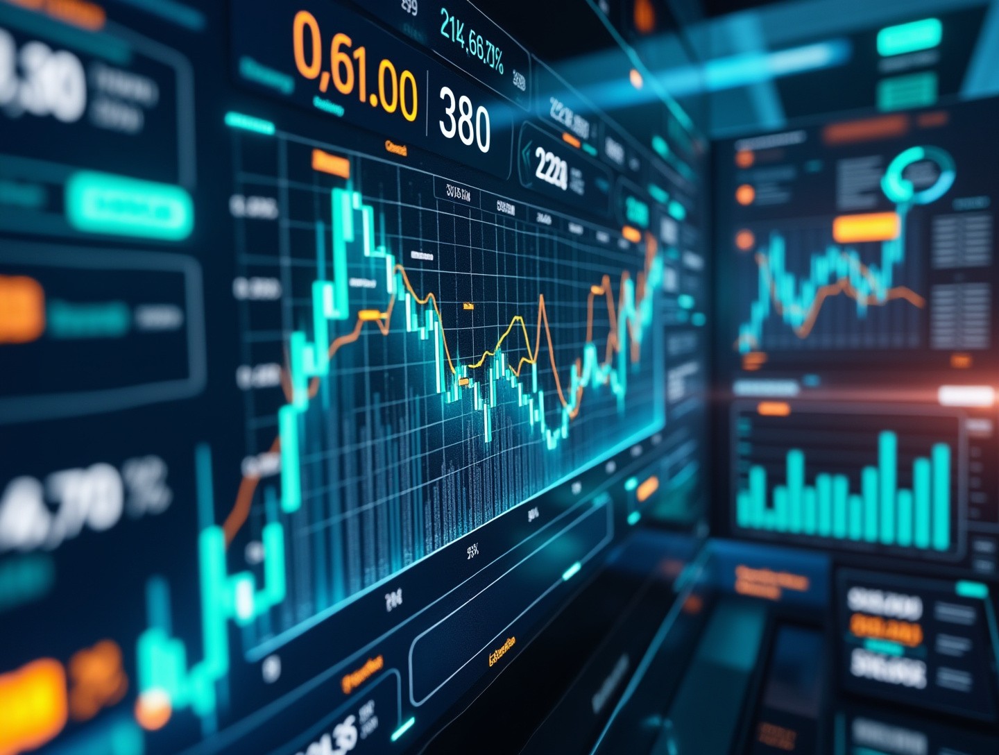 Digital environment featuring glowing graphs and charts indicating optimized efficiencies and success