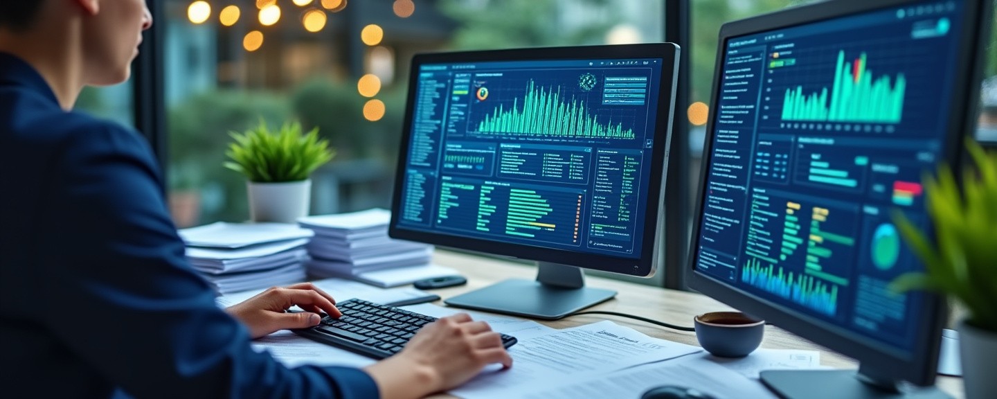 Desk filled with documents and a visible workflow automation software on the screen