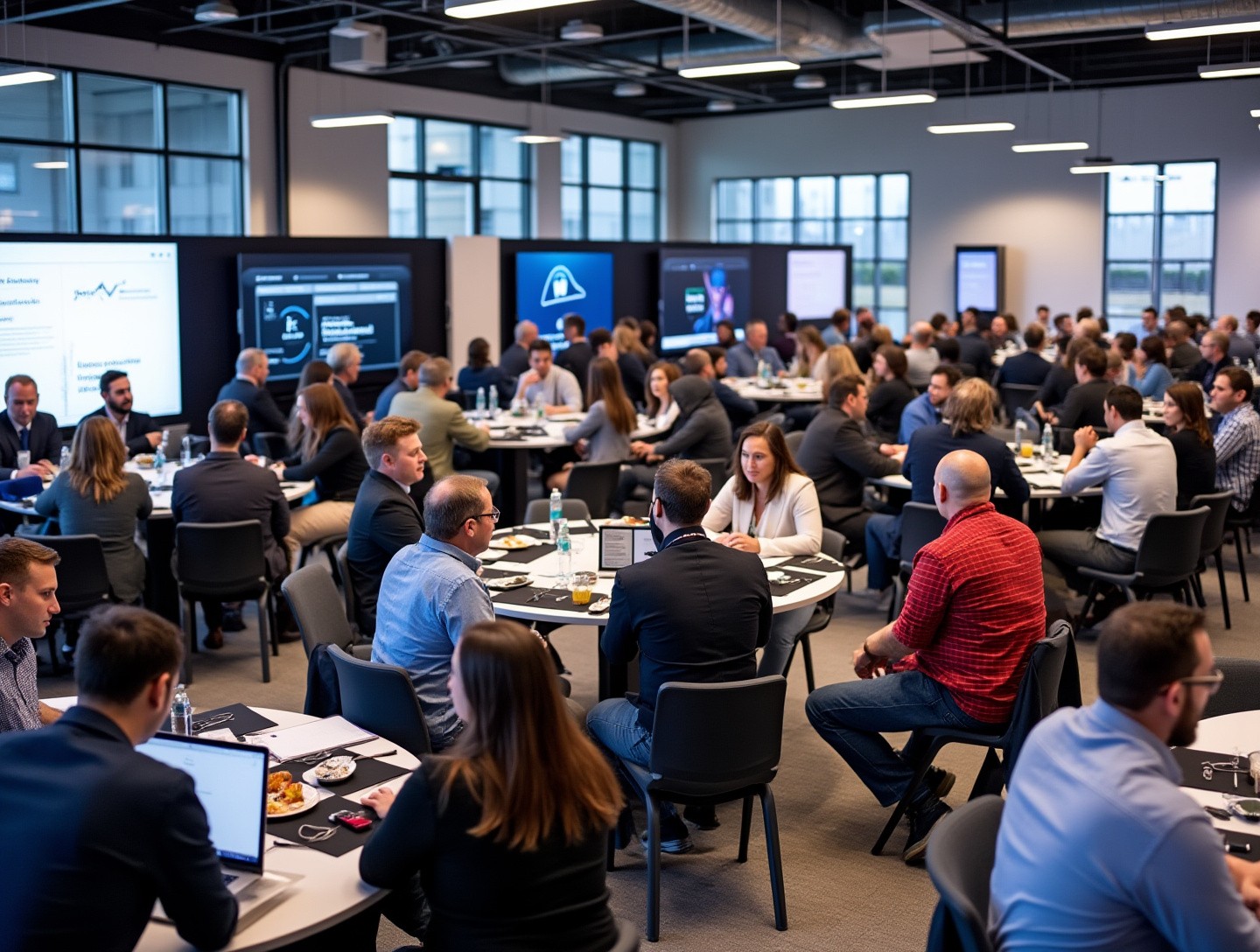 Open space with tables and people engaging in discussions, exchanging ideas about digital transformation.