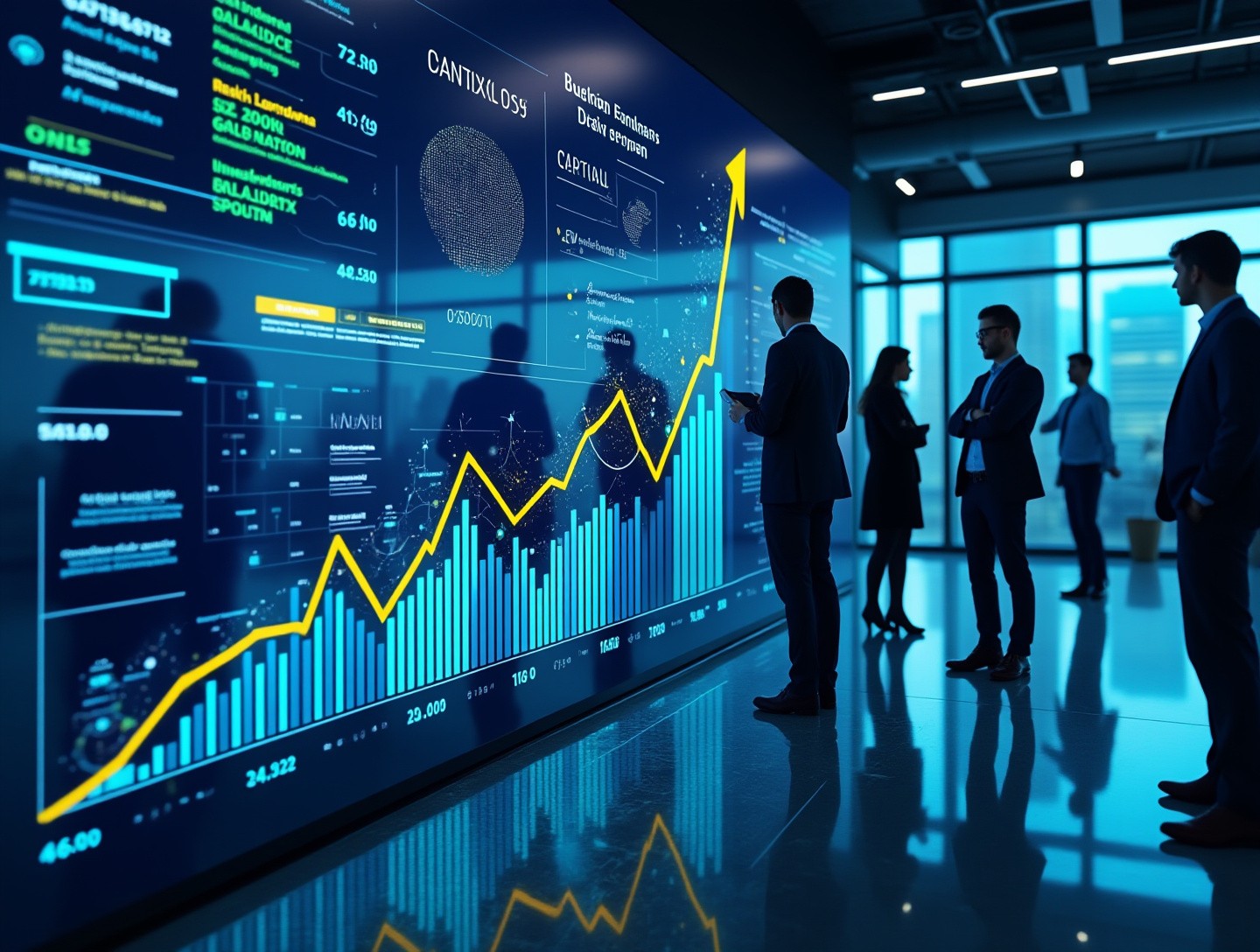 Diverse group of professionals in a high-tech environment showcasing growth statistics