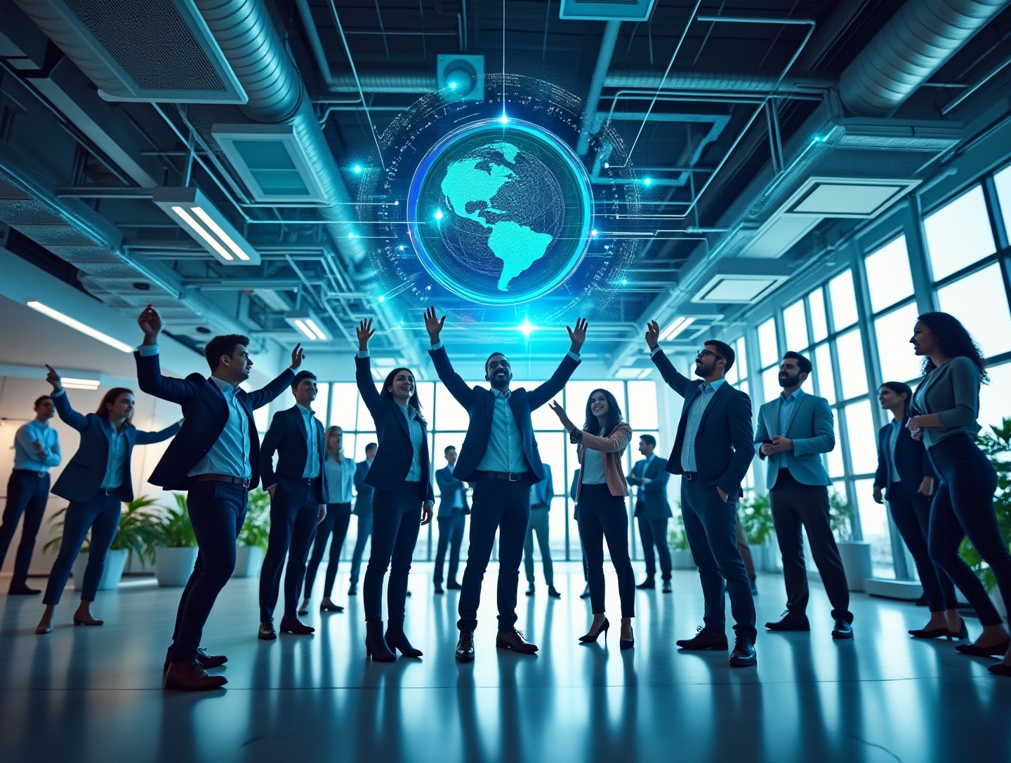 Bright office environment with visible digital installations indicating enhanced connectivity and productivity