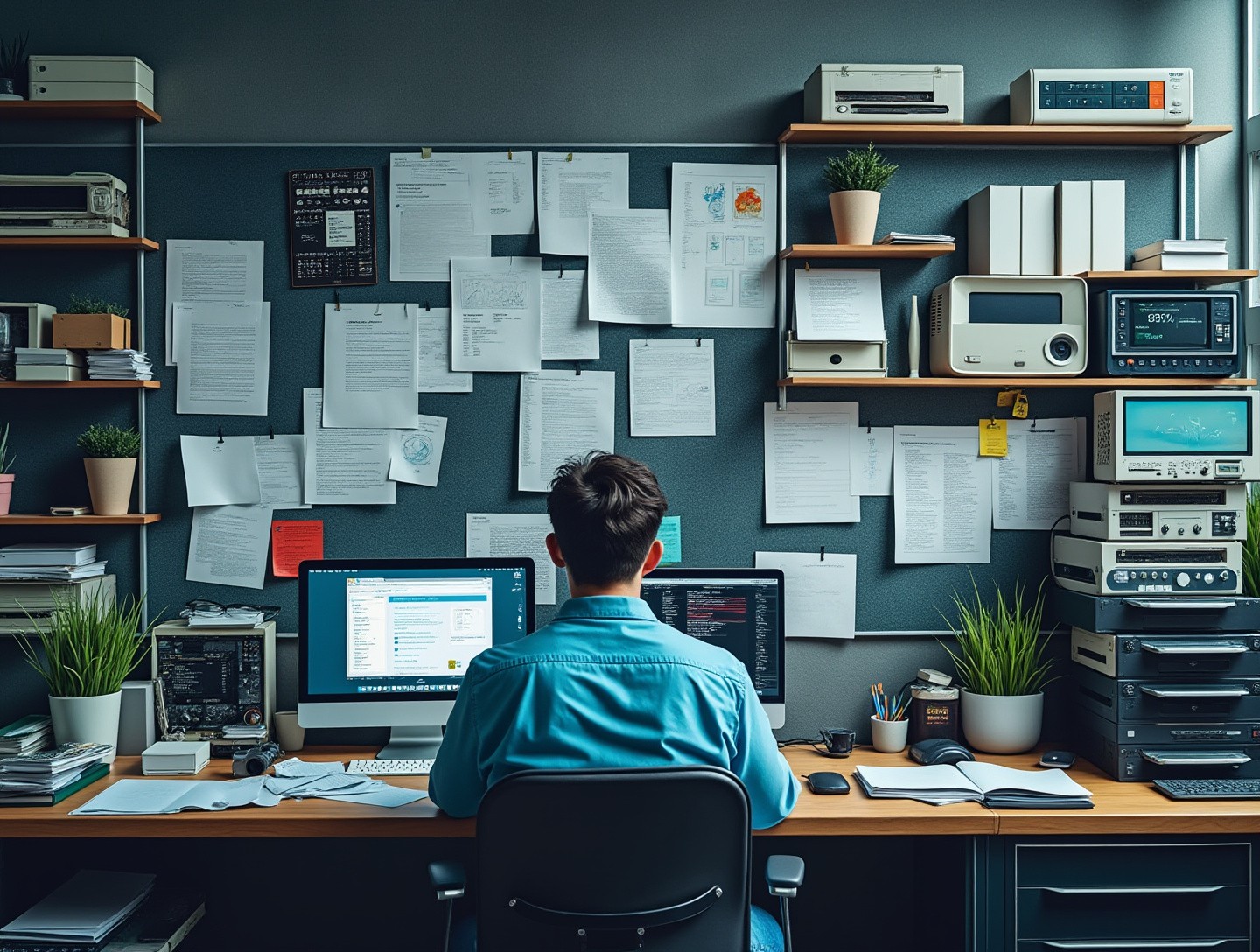 Cluttered desk with papers and outdated computer equipment