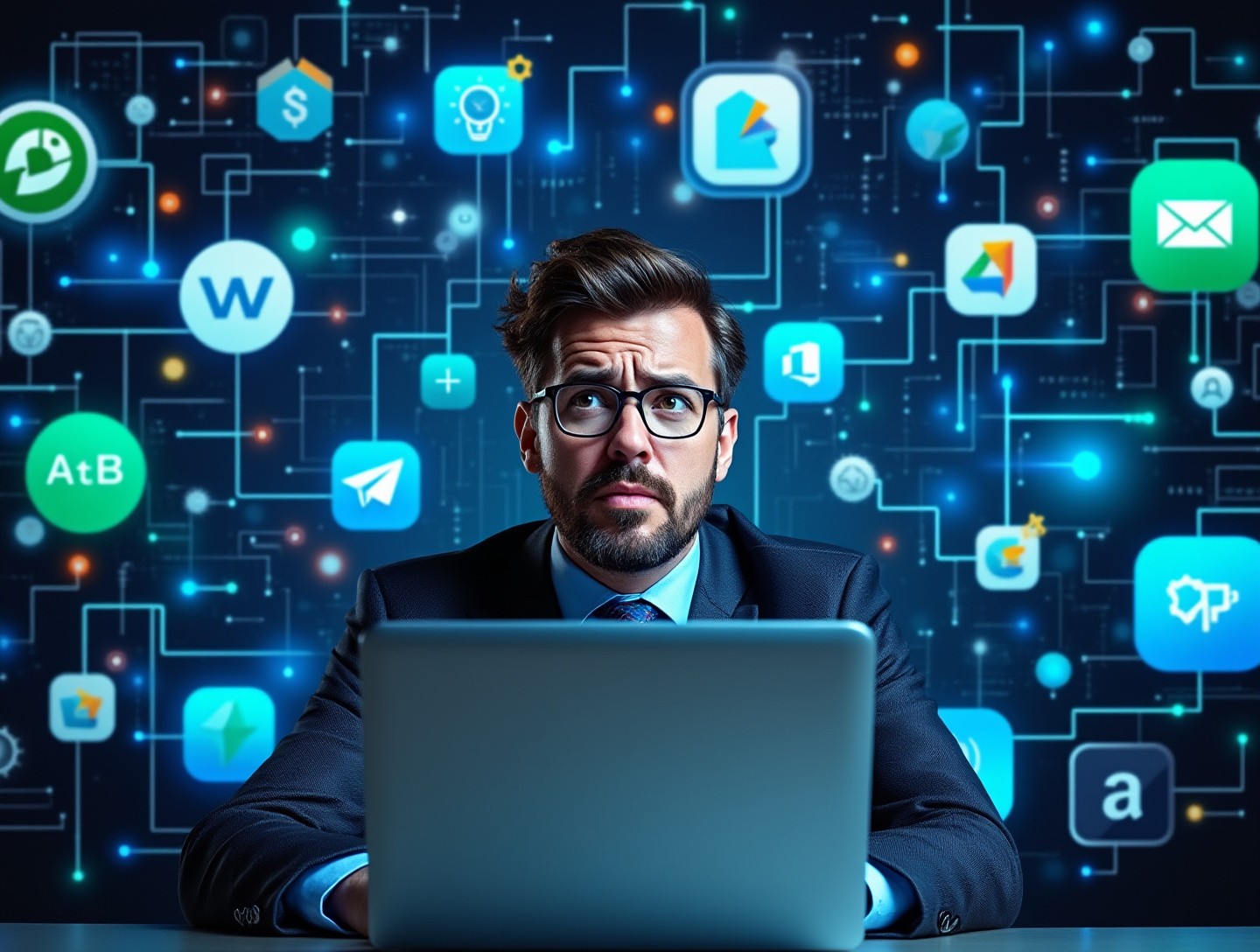 Sitting in front of multiple generic software icons on a laptop screen, appearing overwhelmed and frustrated.