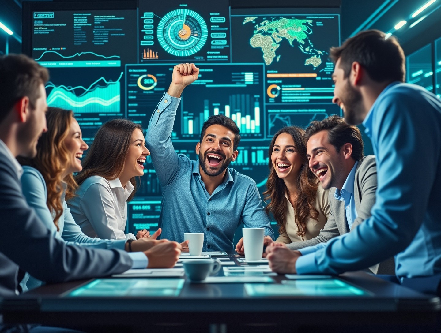 Celebrating around a conference table with futuristic digital displays showing successful data insights