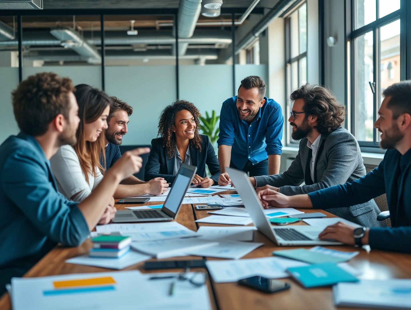 Group of diverse professionals brainstorming in a modern office setting.