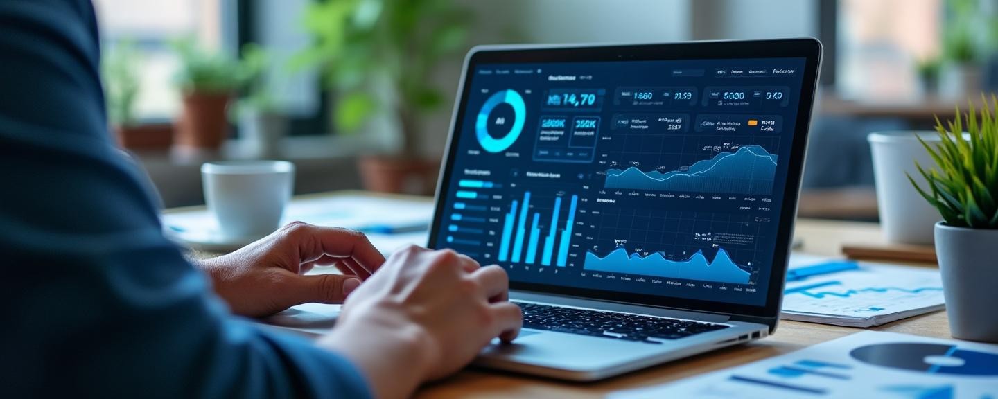 Office environment with a laptop displaying AI analytics, surrounded by charts and graphs on the desk.