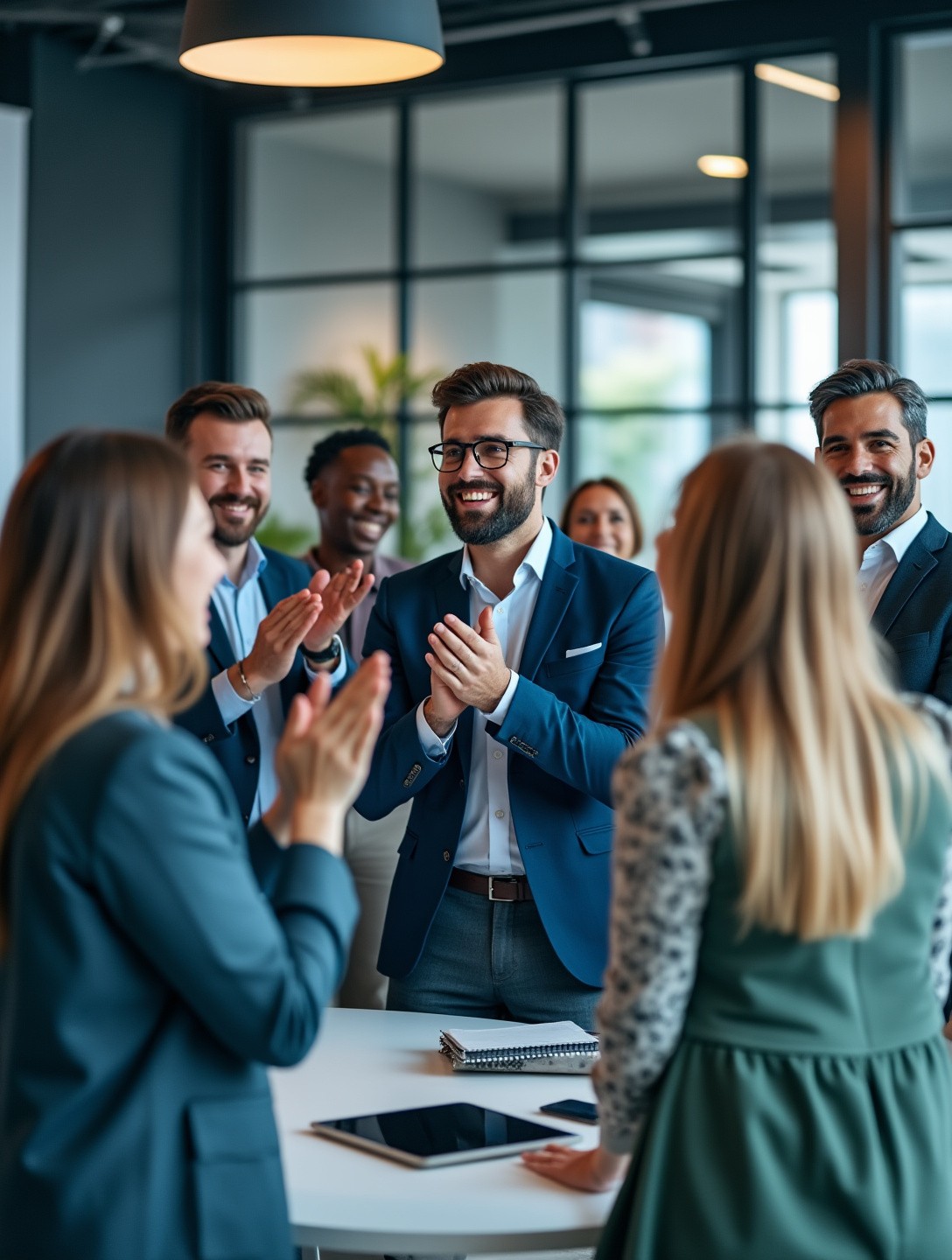 Group of diverse individuals clapping and smiling in a conference room