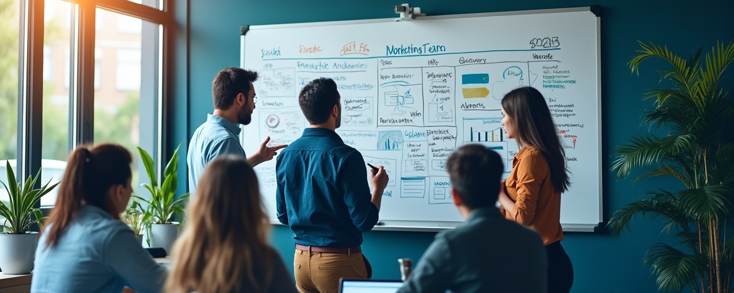 Creative workspace with people discussing marketing ideas using whiteboard