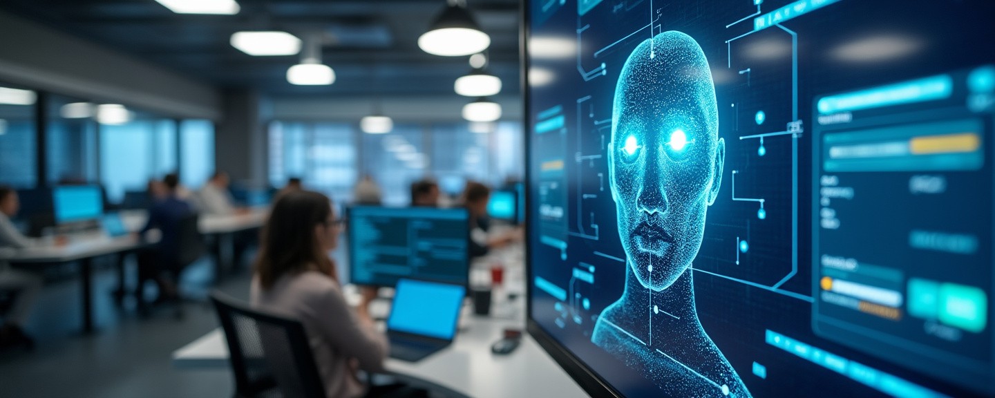 Office environment with computers showing artificial intelligence applications