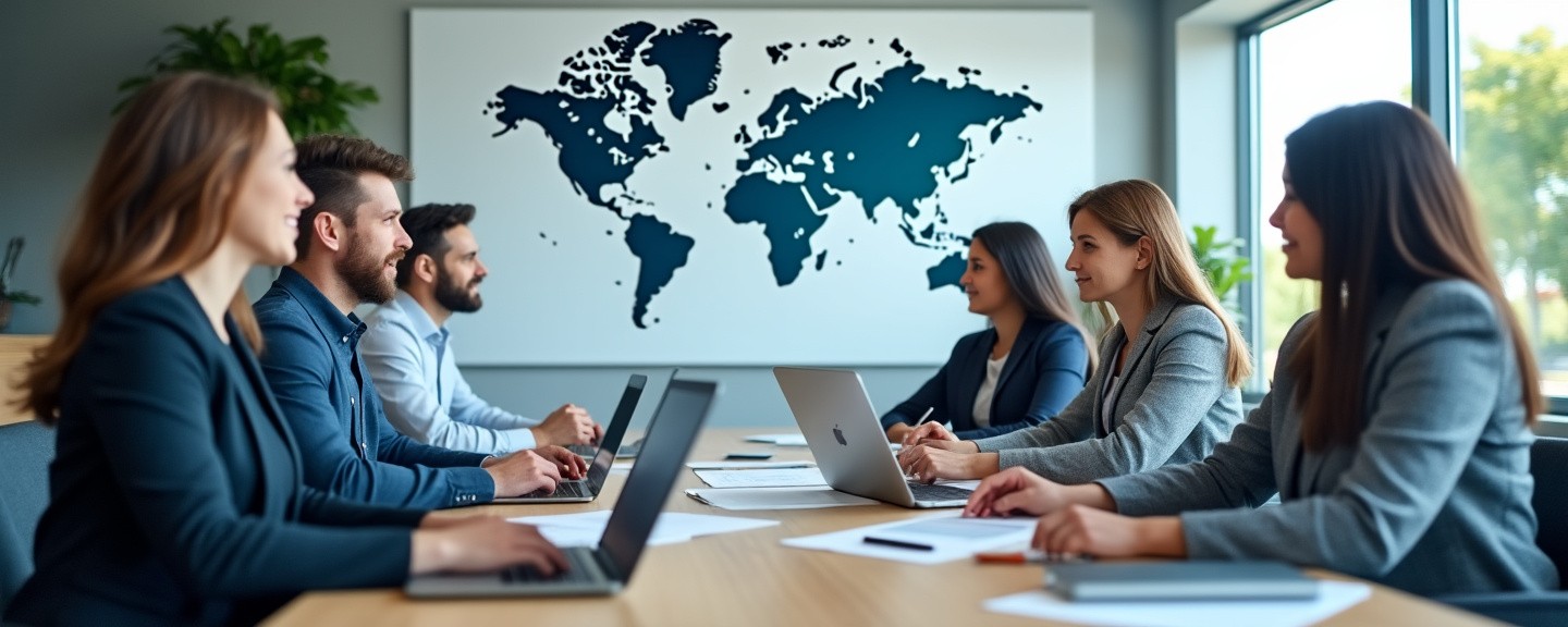 Modern office with global maps on the wall, laptops and papers on the table