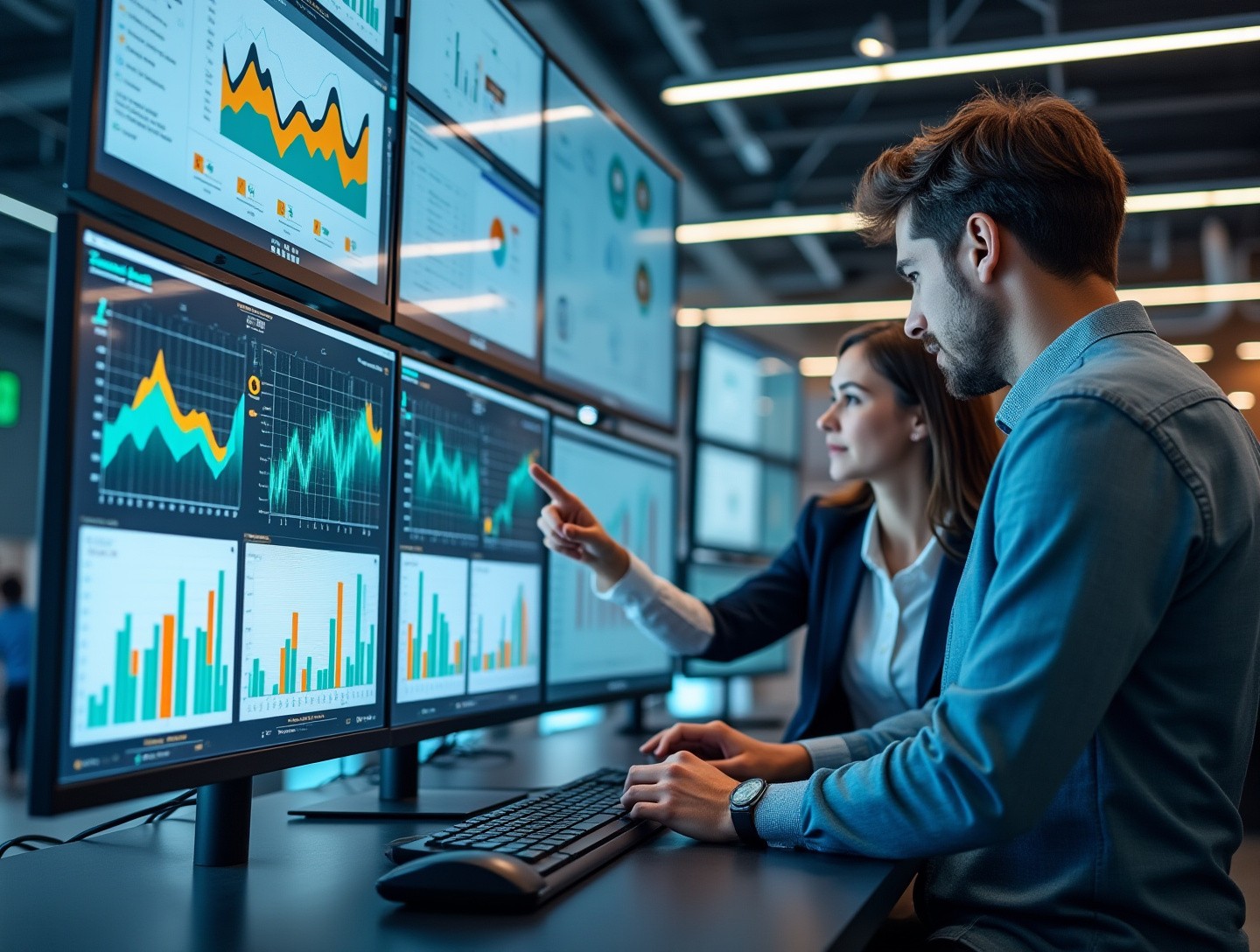 High-tech office environment with multiple monitors showing analytical graphs