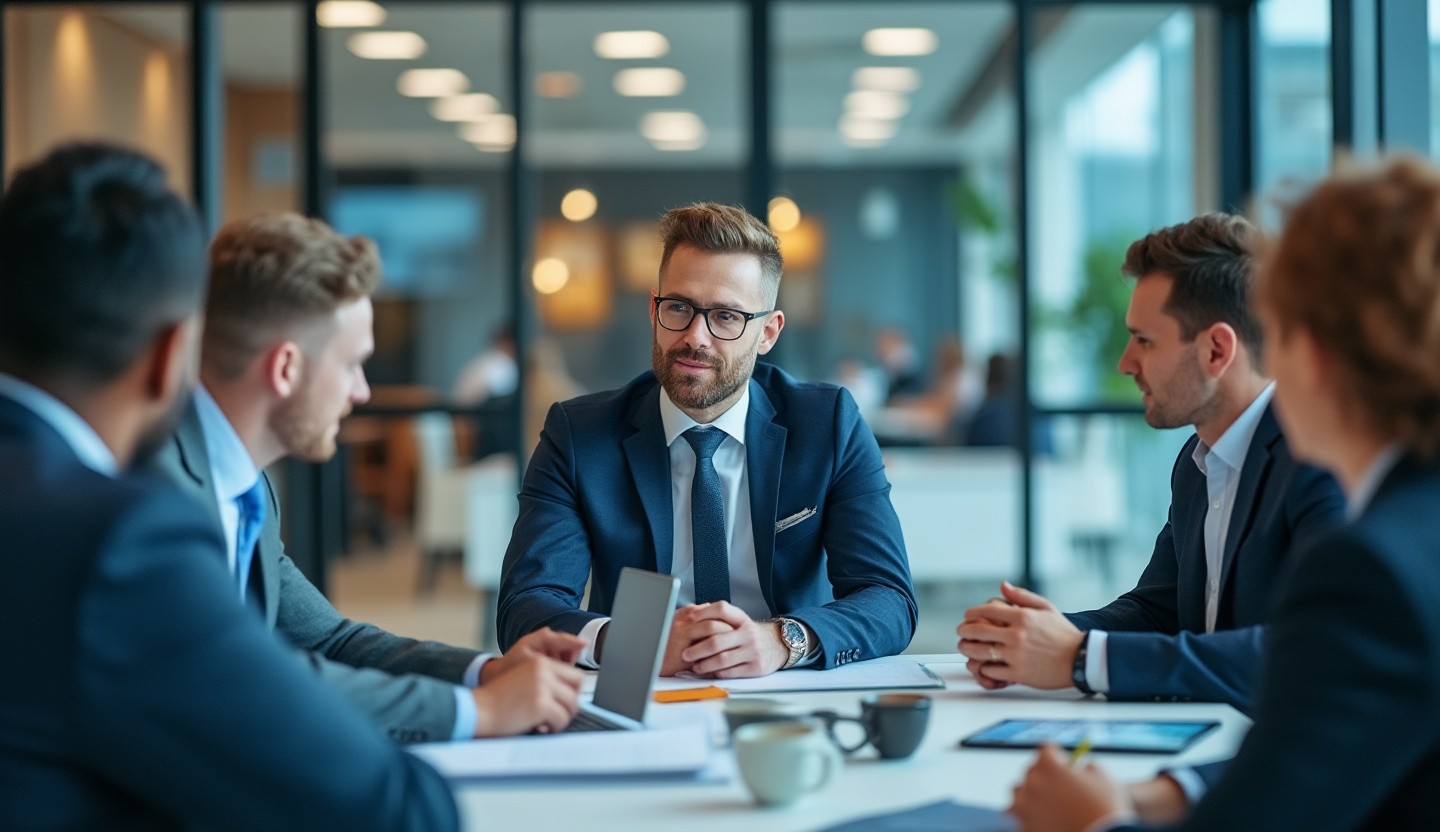 Modern office setting with a team collaborating around a conference table.