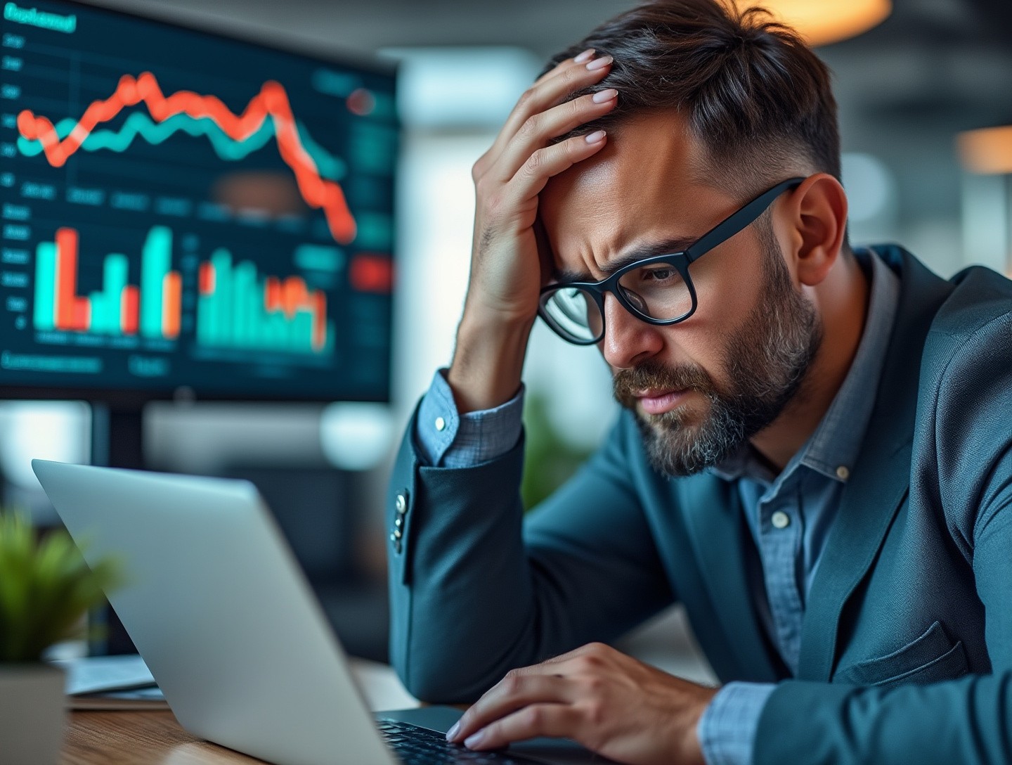 Office environment looking at declining sales graphs on a laptop screen
