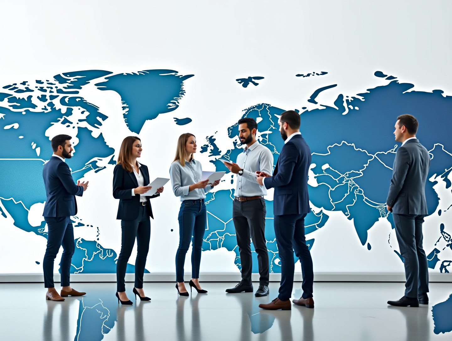Global map in the background, people standing and looking at documents, engaged in collaborative discussion.