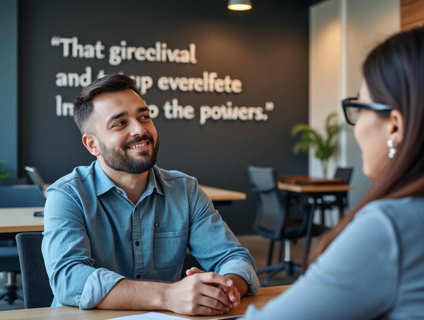 In a modern office environment, with visible motivational quotes on walls.