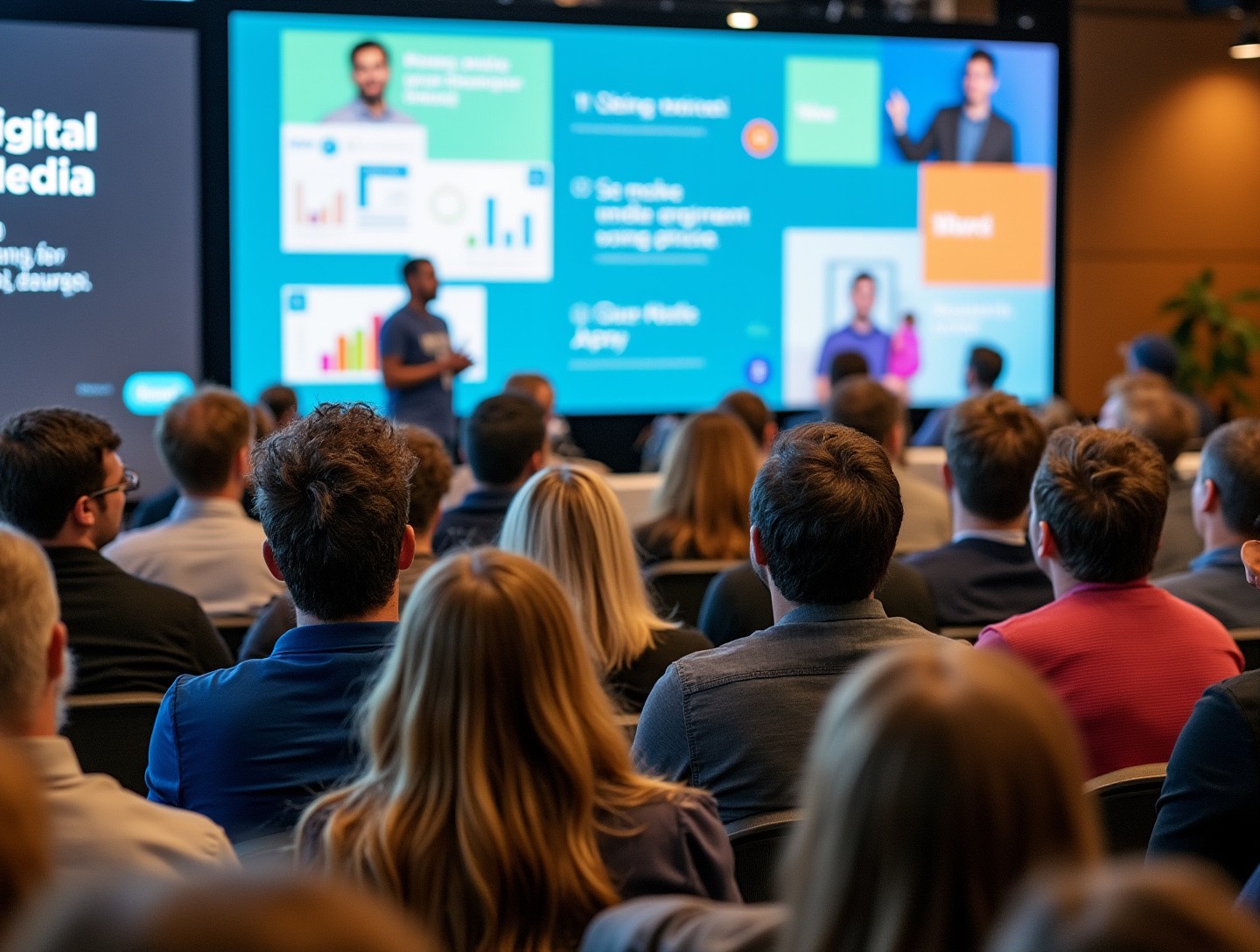 People of different backgrounds interacting enthusiastically at a digital media conference, large screen displaying engaging presentations.
