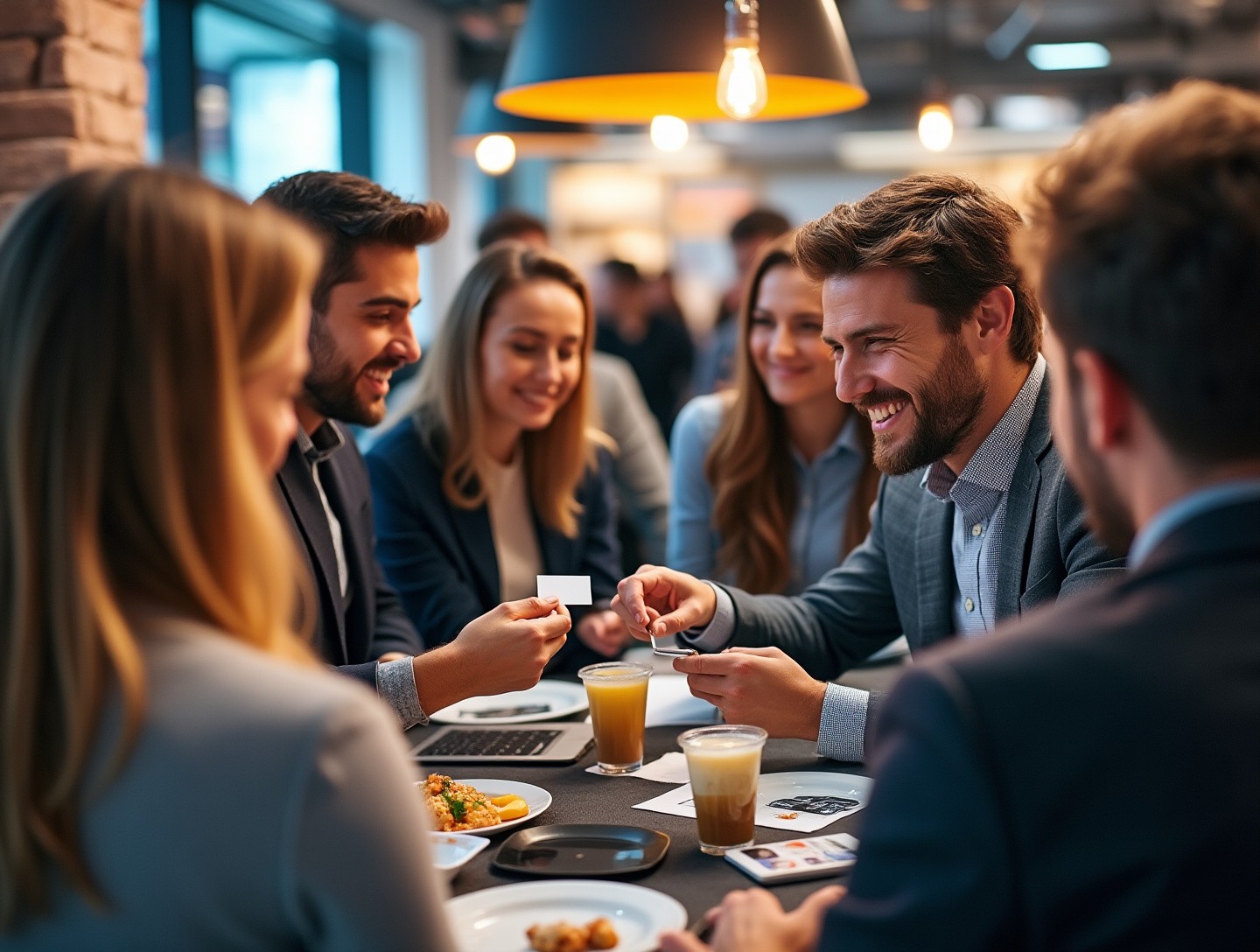 A lively gathering with business professionals exchanging ideas, handing out business cards under modern ambiance lighting.