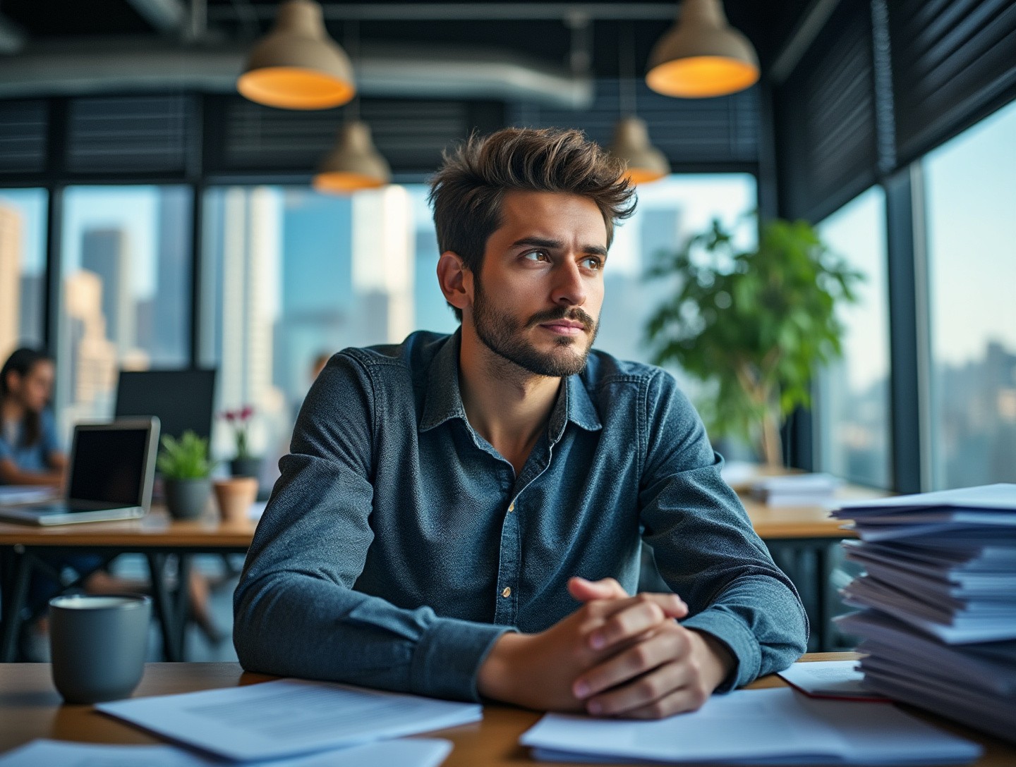 A small office space with an individual at a desk, stacks of papers, and a window view of a bustling city.