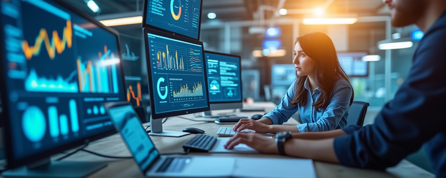 Office setting with charts and graphs on computer screens