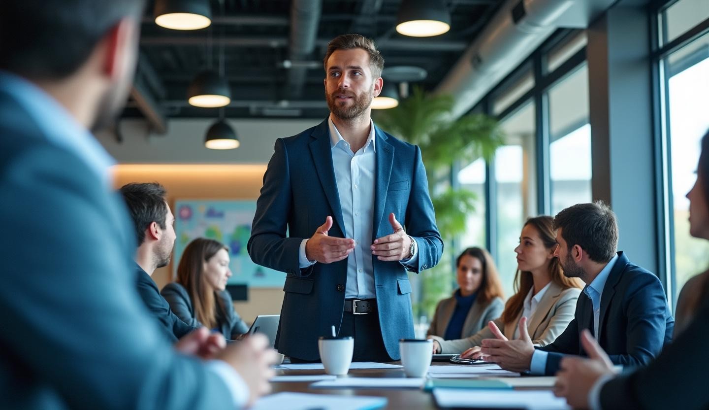 Modern office setting with attentive business professionals in suits taking notes