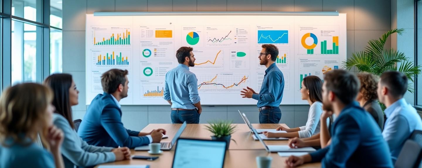 Conference room with whiteboard filled with charts and graphs, collaborative atmosphere
