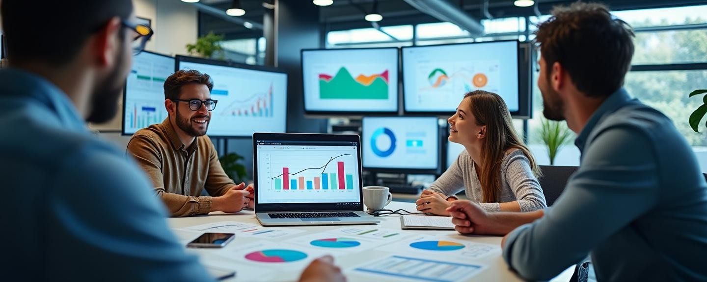 Creative workspace with charts, laptop screens showing marketing analytics