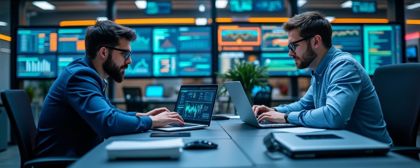 High-tech office environment with digital dashboards and network equipment
