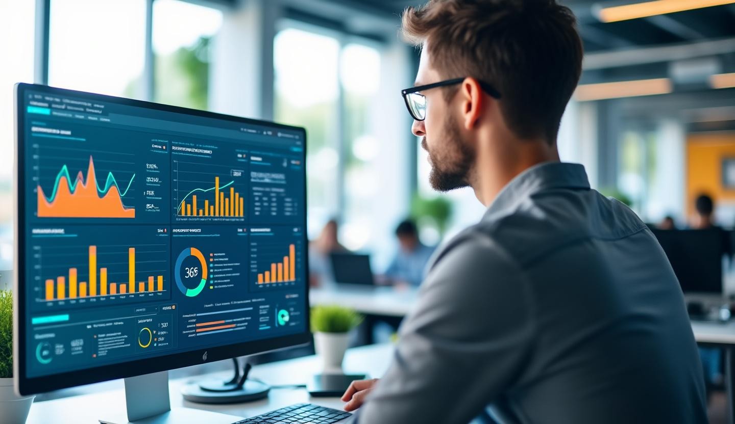 Open office space with modern decor and analytical software on screen