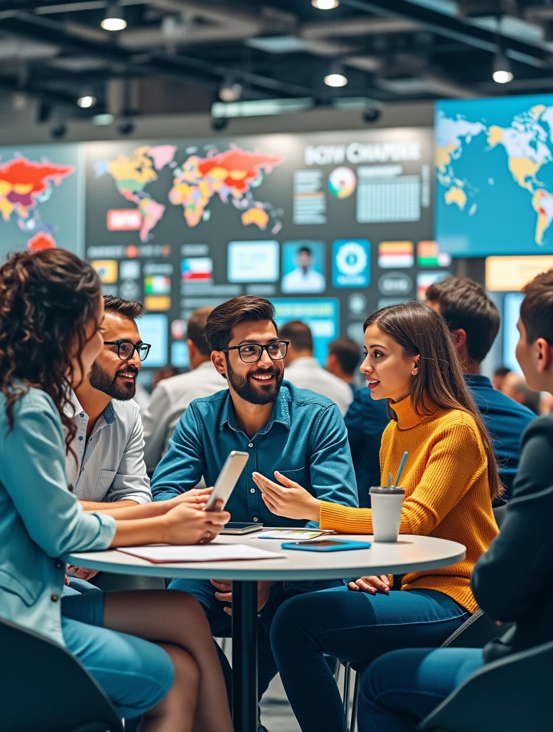Collaborating at an international business event with global flags and maps in the background