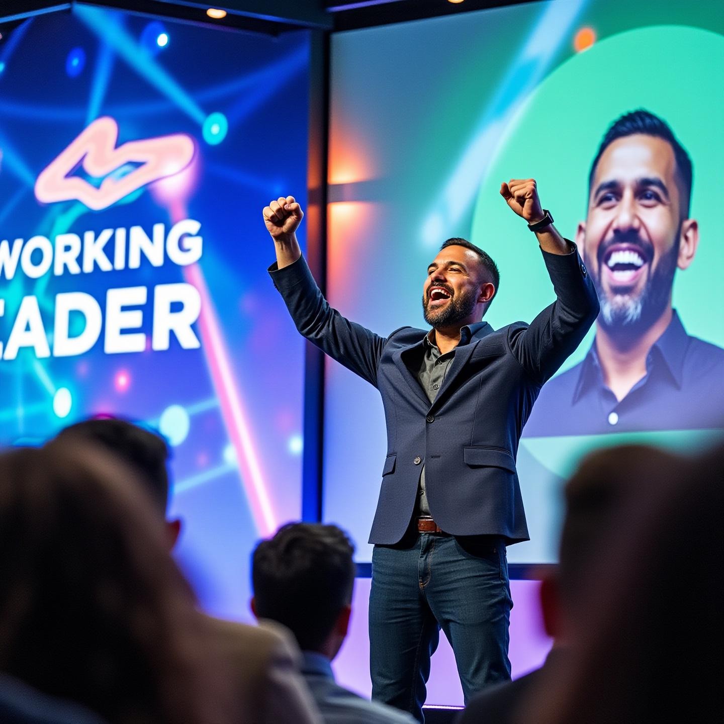 Standing confidently on a stage during a networking event with a bright future-themed backdrop