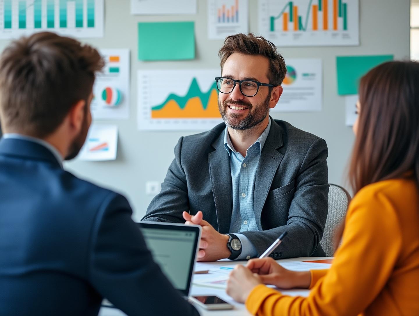 Engaging with clients in an intimate meeting setting, surrounded by growth and networking visual aids