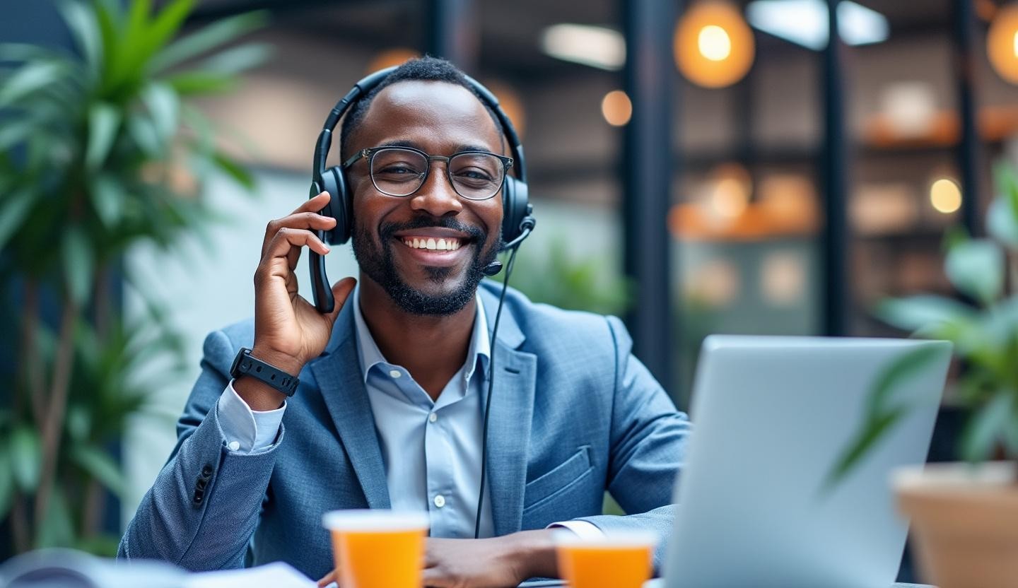 Office setting talking to a client on the phone with a friendly expression