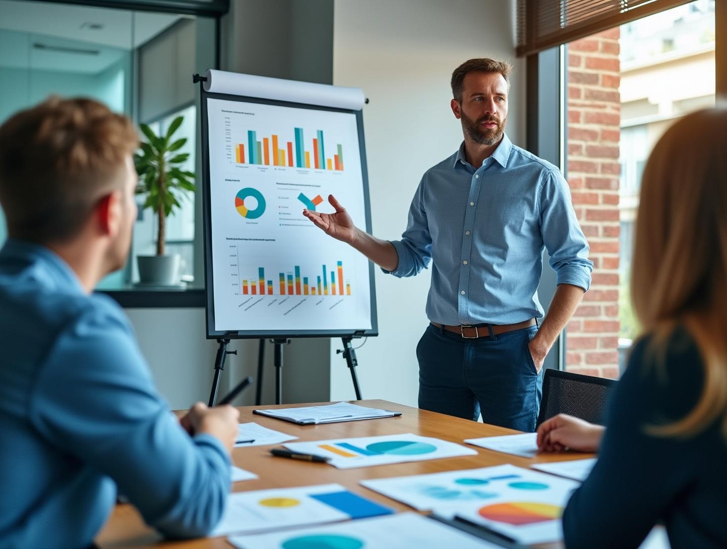 Modern conference room discussing strategy with a team, chart and graphs on the table
