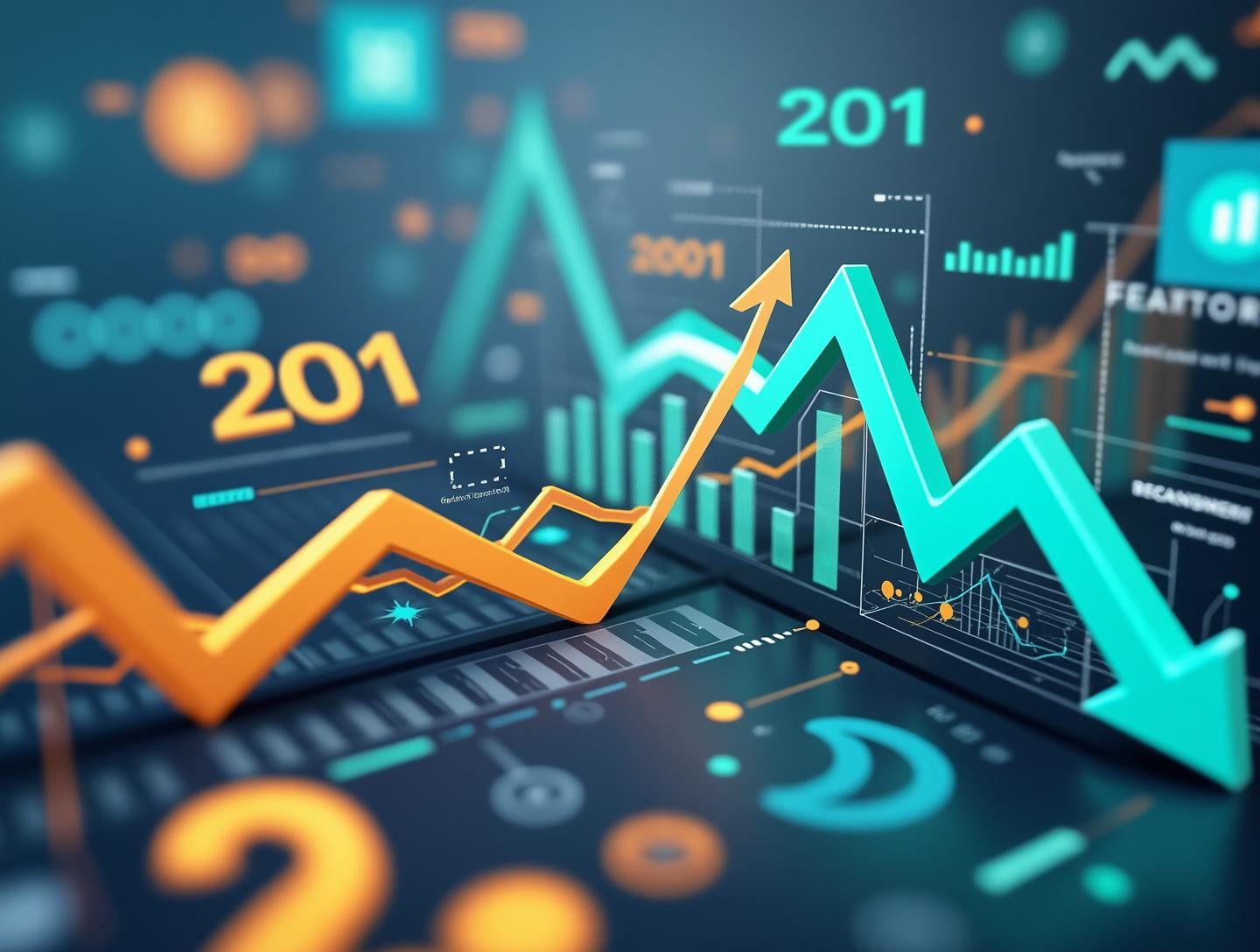 Graphic depiction of a business chart morphing from downward to upward trend through digital transformation elements.