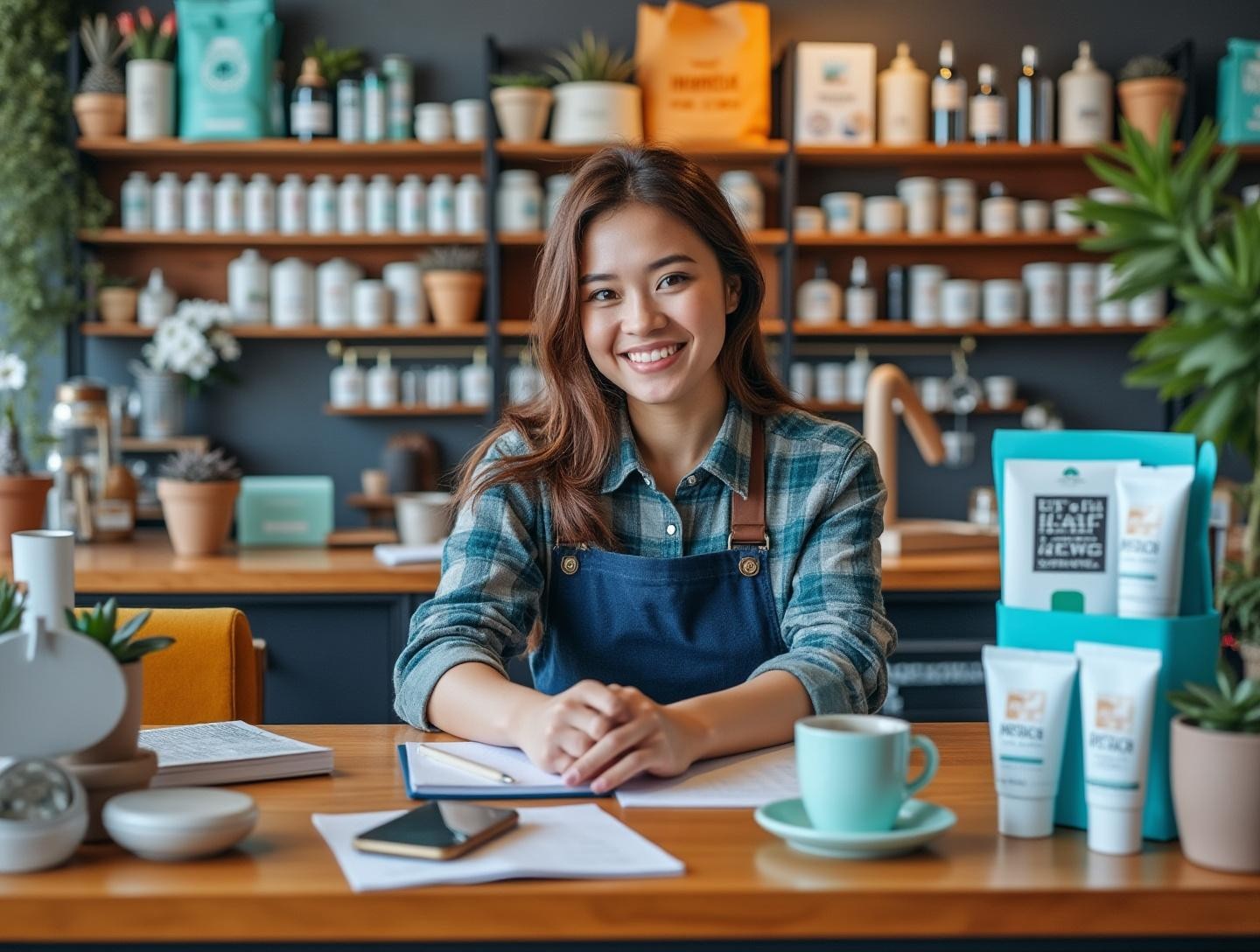 Engaging with customers inside a cozy retail shop with shelves of various products