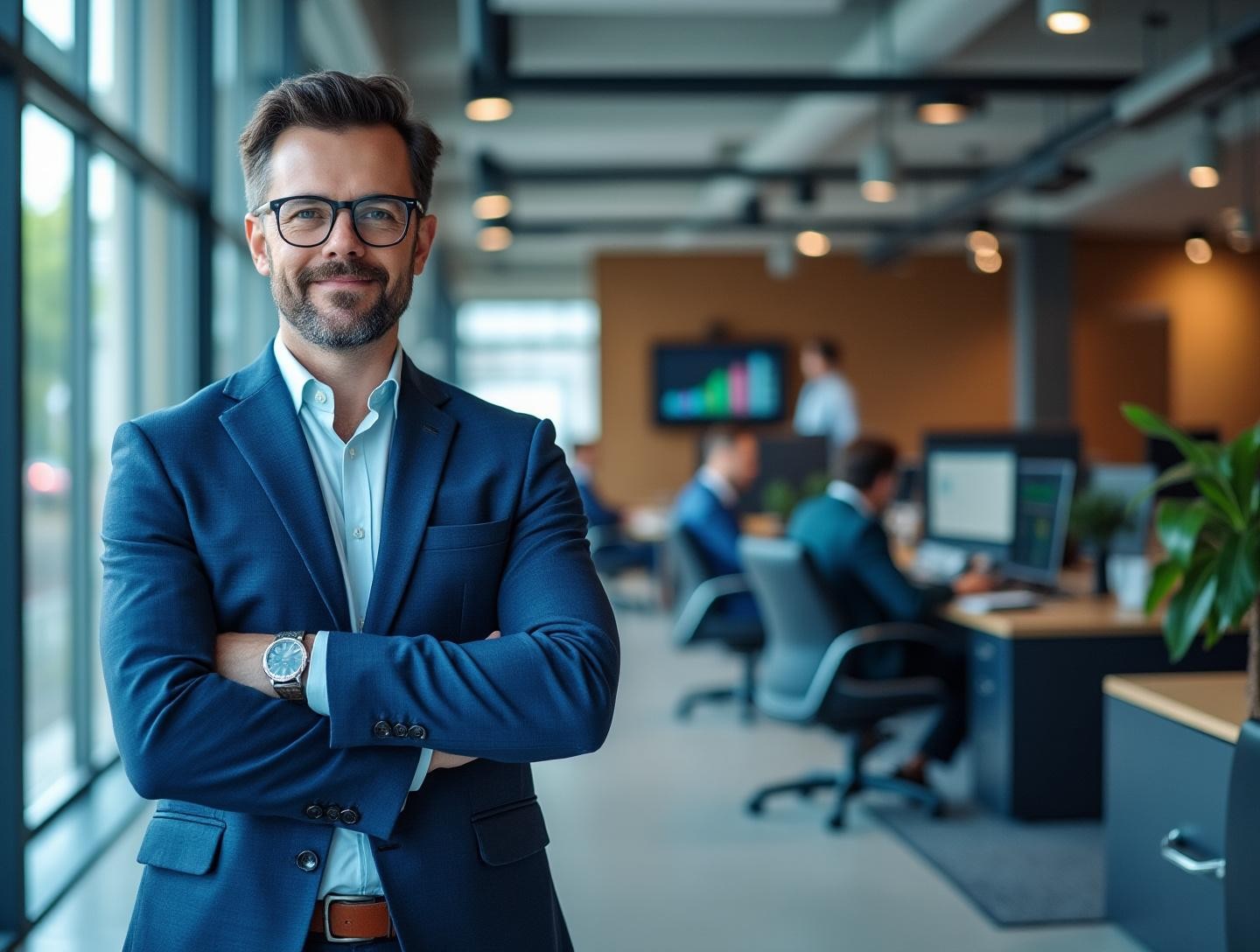 Standing confidently in a modern office, overseeing teams working on digital transformation projects