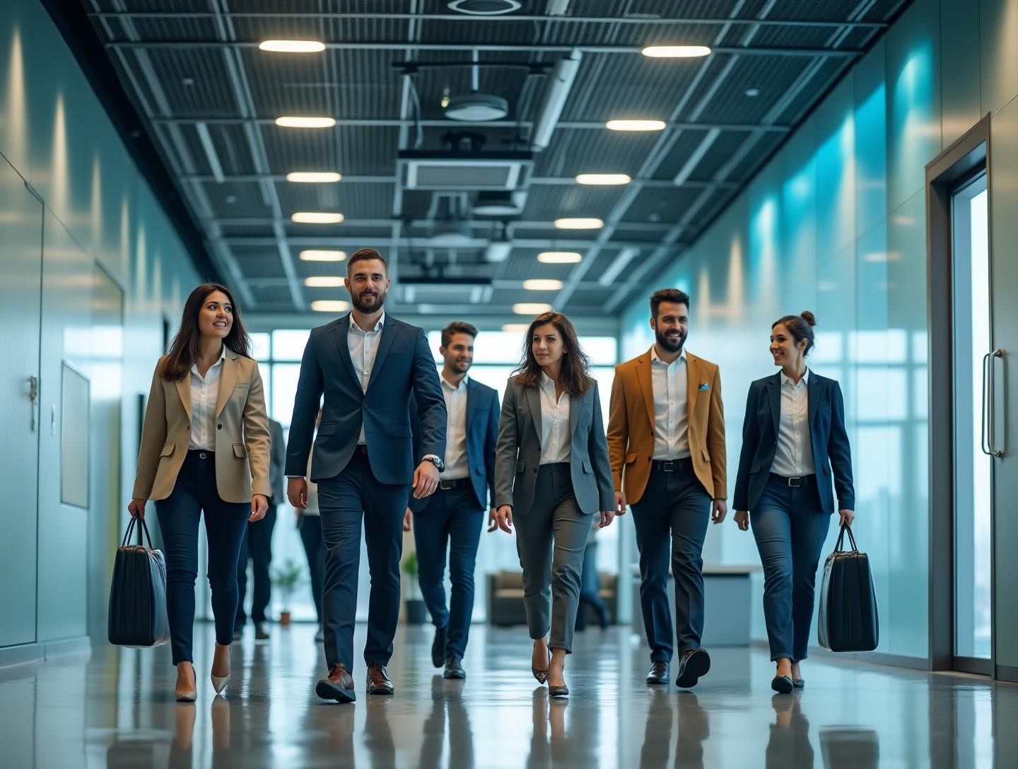 Walking through a high-tech office building, embodying progress and innovation in the digital space