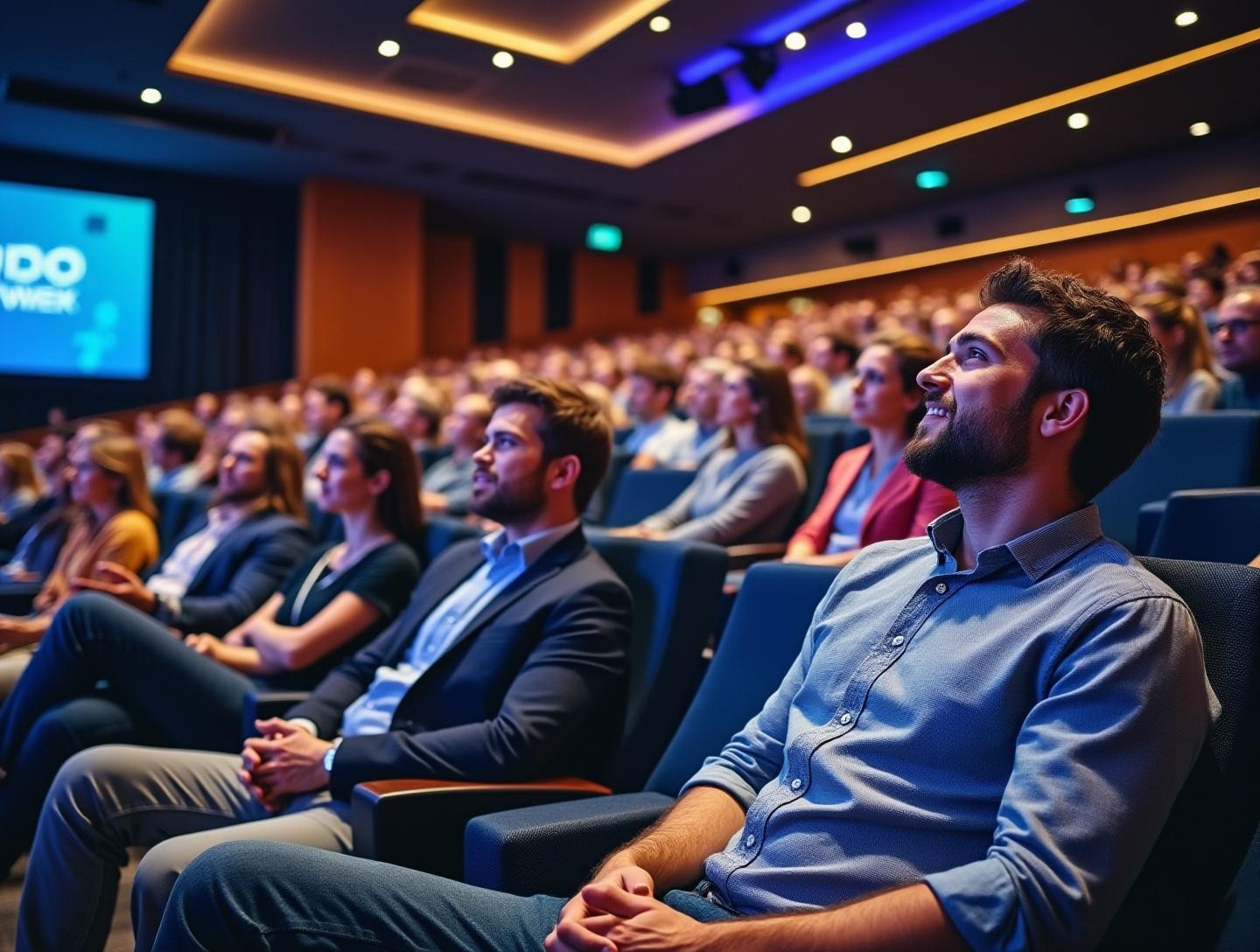 Large auditorium, engaged audience listening to a speaker at a podium