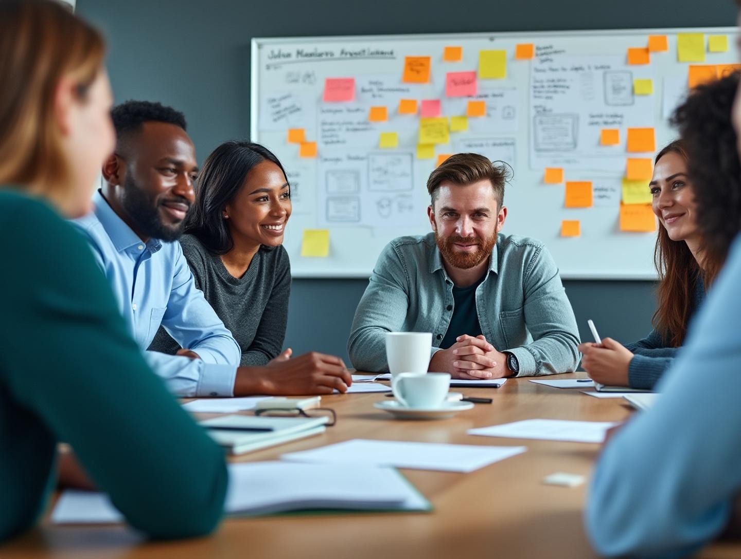Modern office with whiteboards filled with notes and plans, serious yet enthusiastic expressions