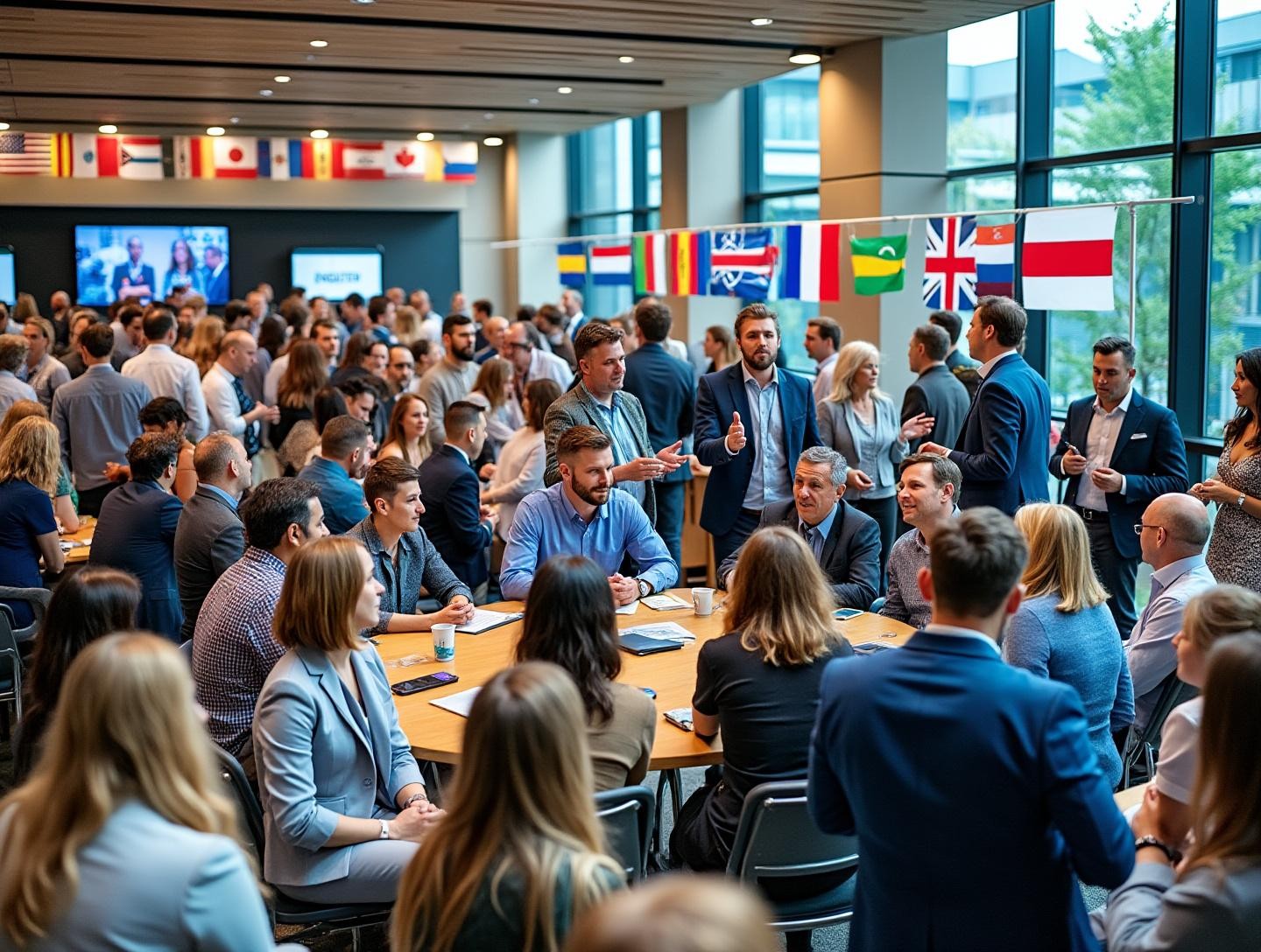 Vibrant conference setting with flags from various countries and lively conversations