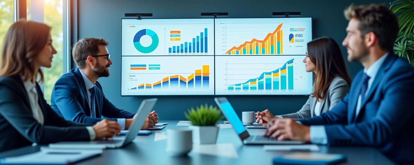 Meeting in a modern office environment with charts and graphs showing growth on presentation screens.